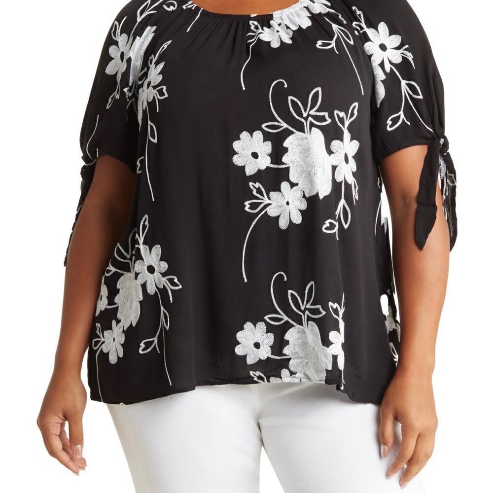 Forgotten Grace Floral Embroidered Tie Sleeve Blouse Size 2X